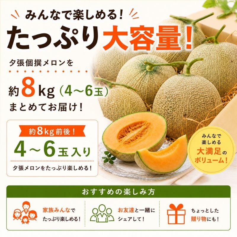 夕張メロン　個選品　4-6玉約8キロ 夕張個撰メロン 約8kg（4～6玉入り） 産直テーブル