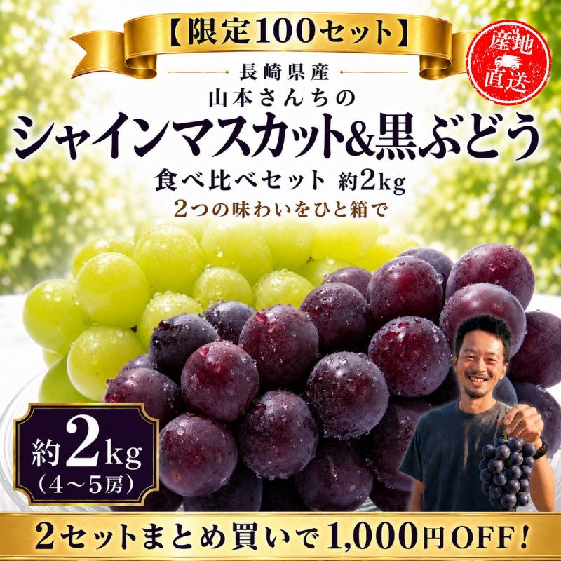 やまちゃん様用　 シャインマスカットご自宅用2パック2箱セット 限定100セット】長崎県産 山本さんちのシャインマスカット＆黒ぶどう