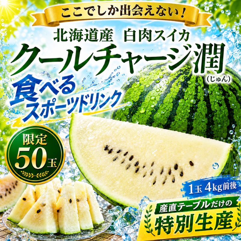 限定50玉】北海道産 白肉スイカ「クールチャージ潤（じゅん）」1玉 4kg